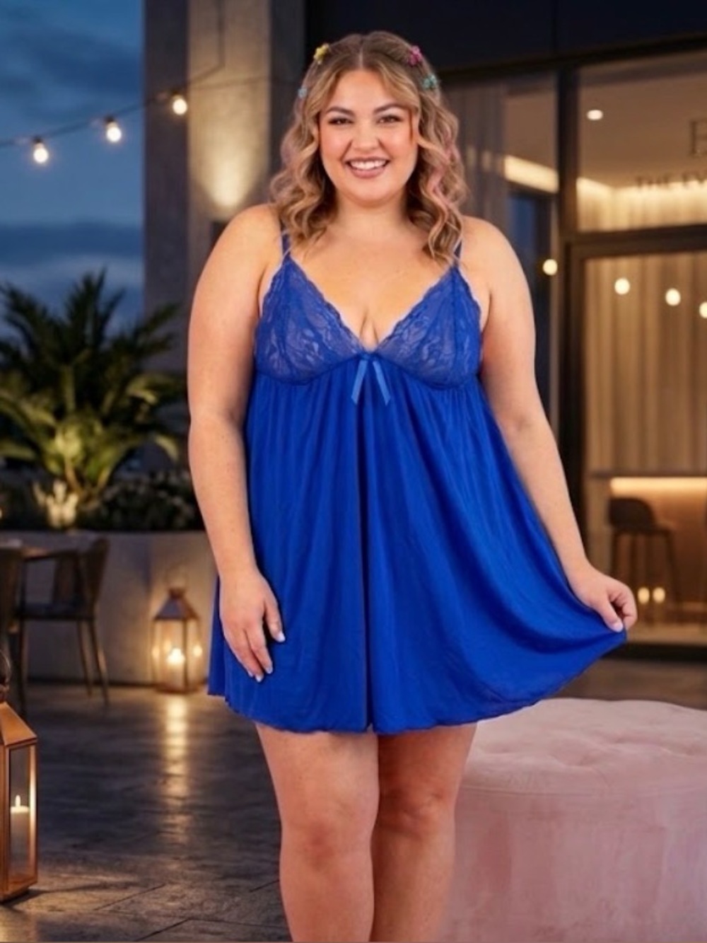 Blue Babydoll Slip Dress Floral Lace Chemise Lingerie Party Nightwear Resort XXL